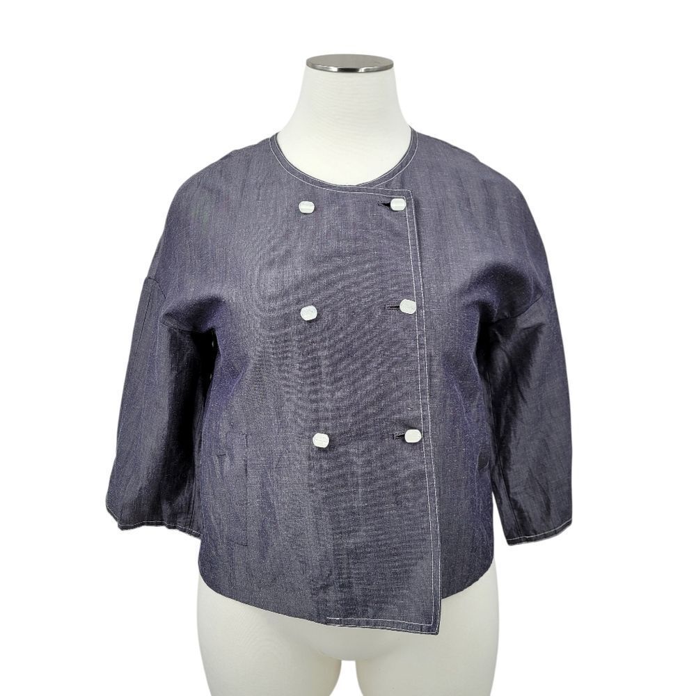 Talbots Silk and Linen Women's Double Breasted Stone Blue-Gray Blazer Jacket